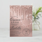 Glam Roos Gold Metallic Glitter Drips Quinceañera Kaart (Staand voorkant)