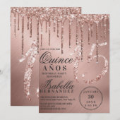 Glam Roos Gold Metallic Glitter Drips Quinceañera Kaart (Voorkant / Achterkant)
