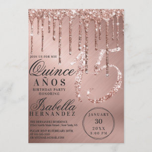 Glam Roos Gold Metallic Glitter Drips Quinceañera Kaart