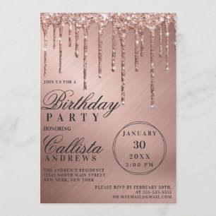 Glam Roos Gold Metallic Glitter Drips Verjaardag Kaart