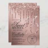 Glam Roos Gold Metallic Glitter Druppels Sweet 16 Kaart (Voorkant / Achterkant)