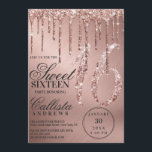 Glam Roos Gold Metallic Glitter Druppels Sweet 16 Kaart<br><div class="desc">Deze girly en glamoureuze zoete zestien verjaardagsfeestje uitnodiging is perfect voor een stijlvolle en trendy girly meisje. Het beschikt over faux gedrukte sprankelende rozen gouden glitter druppels op de top van een rozen gouden geborstelde metalen achtergrond. De typografie is een elegant cursief schrift met een modern serif lettertype om bij...</div>
