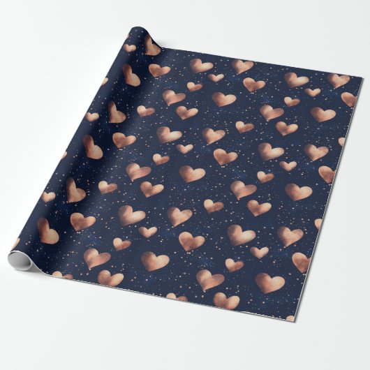 Glam Roos Gold & Navy Hand getrokken Harten Glitte Cadeaupapier (Uitgerold)