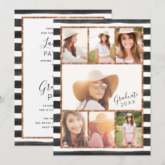 Glam Roos Gold Photo Collage Afstuderen Uitnodigin Kaart (Voorkant / Achterkant)