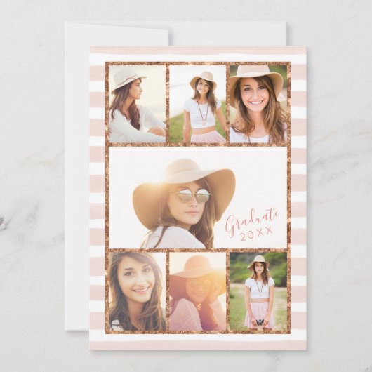 Glam Roos Gold Photo Collage Afstuderen Uitnodigin Kaart (Voorkant)