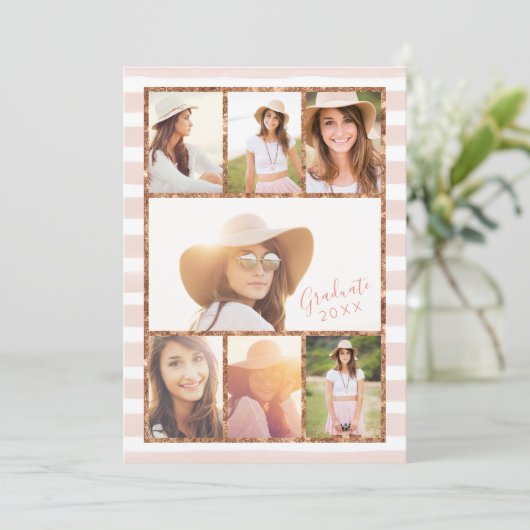 Glam Roos Gold Photo Collage Afstuderen Uitnodigin Kaart (Staand voorkant)