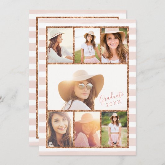 Glam Roos Gold Photo Collage Afstuderen Uitnodigin Kaart (Voorkant / Achterkant)