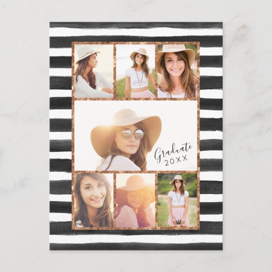 Glam Roos Gold Photo Collage Afstuderen Uitnodigin Uitnodiging Briefkaart (Voorkant)