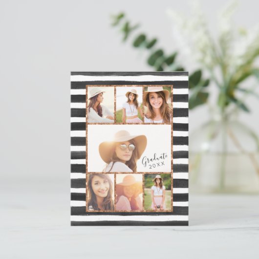 Glam Roos Gold Photo Collage Afstuderen Uitnodigin Uitnodiging Briefkaart (Staand voorkant)