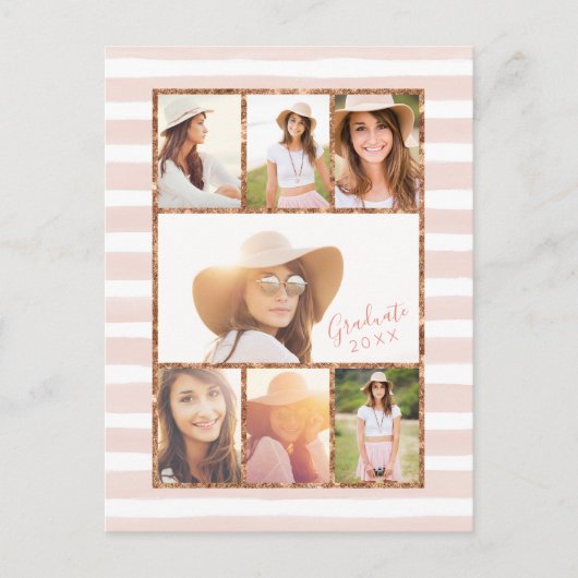 Glam Roos Gold Photo Collage Afstuderen Uitnodigin Uitnodiging Briefkaart (Voorkant)