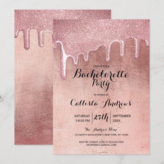 Glam Roos Gold Thick Glitter Drips Bachelorette Kaart (Voorkant / Achterkant)