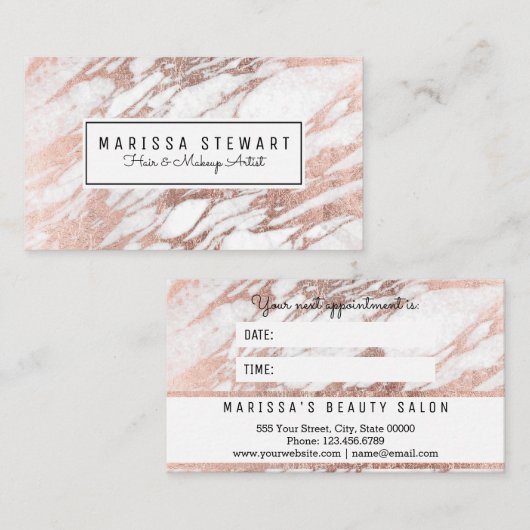 Glam Roos Gold White Marble Appointcard Afsprakenkaartje (Voorkant / Achterkant)