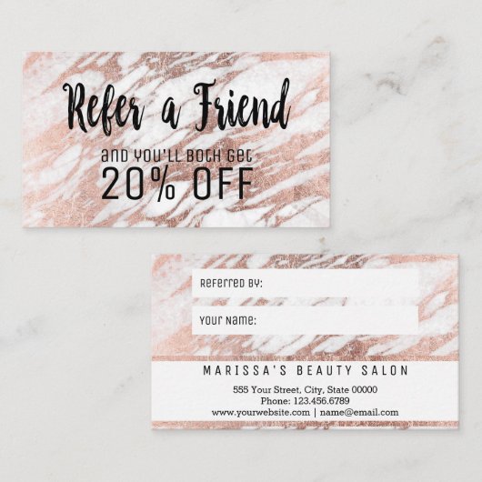 Glam Roos Gold White Marble Reference Card Aanbevelingskaartje (Voorkant / Achterkant)