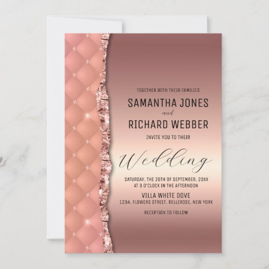 Glam Roos Goud Geript Glitter Metallic Bruiloft Kaart (Voorkant)