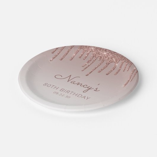 Glam Roos Goud Glitter Drip 80ste Verjaardagsfeest Papieren Bordje (Gekanteld)