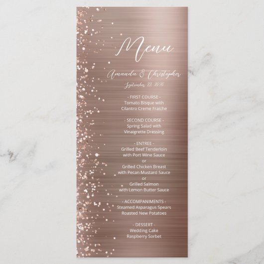 Glam Roos Gouden Glitter Brushed Metal Wedding Menu (Voorkant)