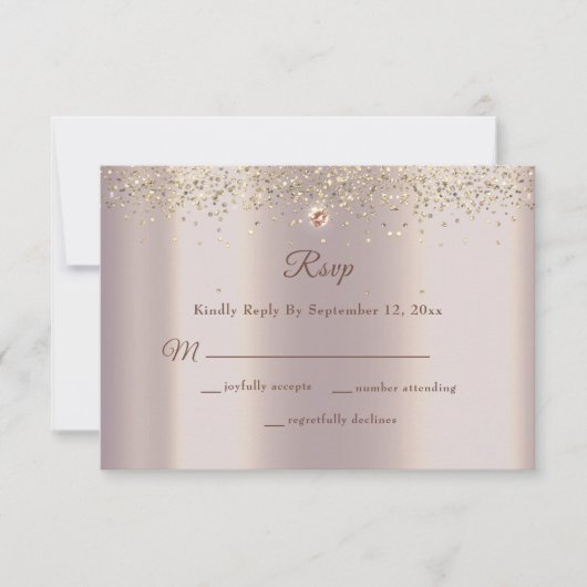 Glam Roos Gouden Glitter Sparkle Bruiloft RSVP Kaartje (Voorkant)