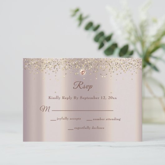 Glam Roos Gouden Glitter Sparkle Bruiloft RSVP Kaartje (Staand voorkant)