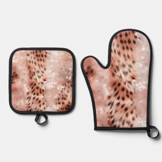 Glam Roos gouden luipaard Ovenwant & Pannenlap Set (Voorkant)