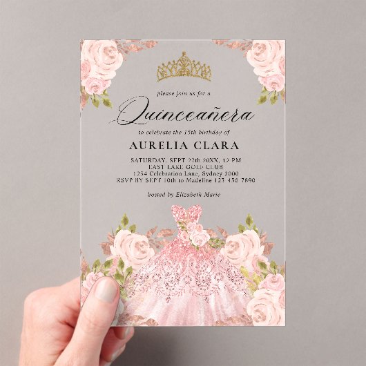 Glam Roos Gouden Roze Jurk Bloemen 15e Quinceañera Acryl Uitnodigingen (Insitu (Draagbaar))