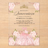 Glam Roos Gouden Roze Jurk Bloemen 15e Quinceañera Acryl Uitnodigingen (Voorkant)
