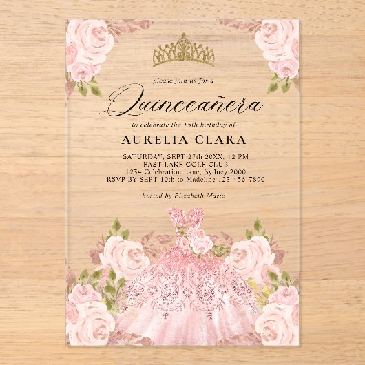 Glam Roos Gouden Roze Jurk Bloemen 15e Quinceañera Acryl Uitnodigingen