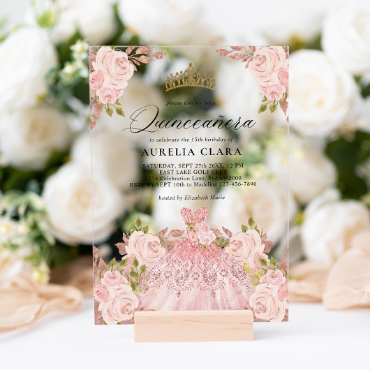 Glam Roos Gouden Roze Jurk Bloemen 15e Quinceañera Acryl Uitnodigingen