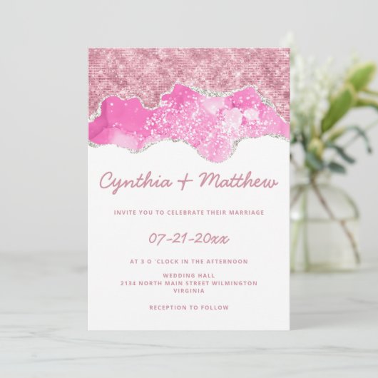 Glam roos gouden witte roze zilverglitter bruiloft kaart (Staand voorkant)