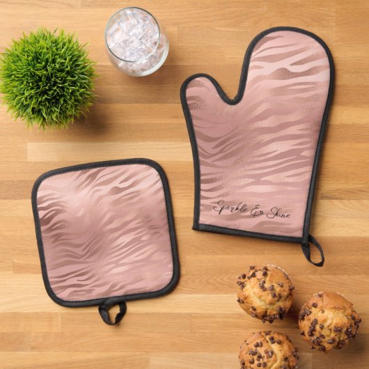 Glam Roos gouden zebra print Ovenwant & Pannenlap Set (Top down)