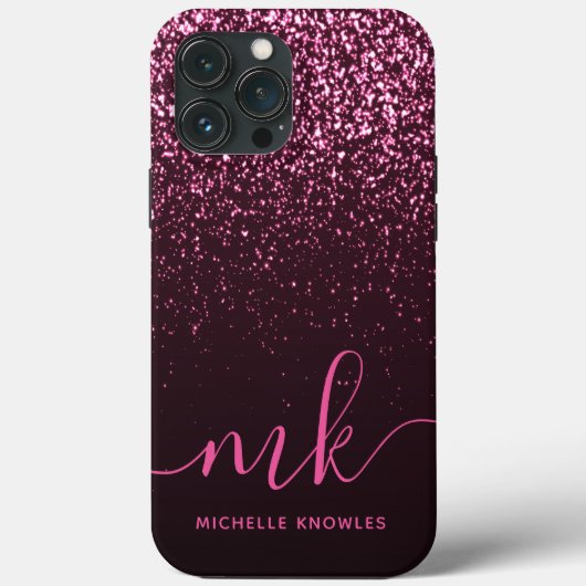 Glam Roos Roze Glitter Moderne Manuscript Monogram Case-Mate iPhone Case (Achterkant)