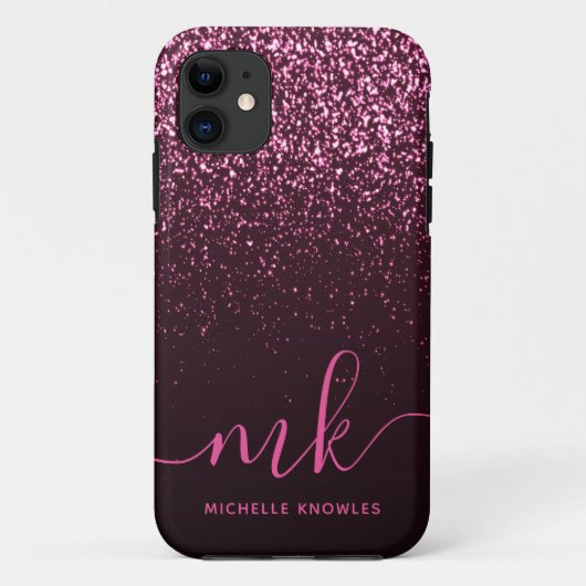 Glam Roos Roze Glitter Moderne Manuscript Monogram Case-Mate iPhone Case (Achterkant)