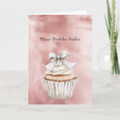 Glam Rose Blush Glitzy Silver Bow Cupcake Birthday Kaart (Voorkant)