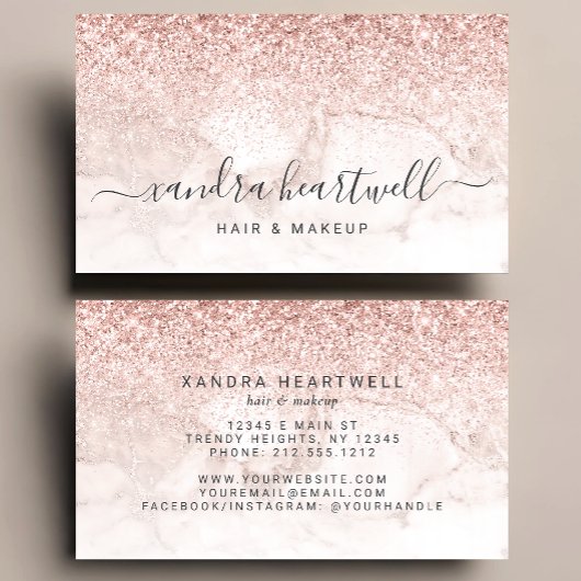 Glam Rose Gold Blush Marble Glitter Script Visitekaartje