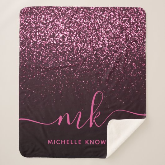 Glam Rose Roze Glitter Modern Script Monogram Naam Sherpa Deken (Voorkant)