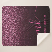 Glam Rose Roze Glitter Modern Script Monogram Naam Sherpa Deken (Voorkant (horizontaal))