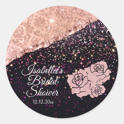 Glam Rose Zwarte Glitter Blush Rozen Ronde Sticker (Voorkant)