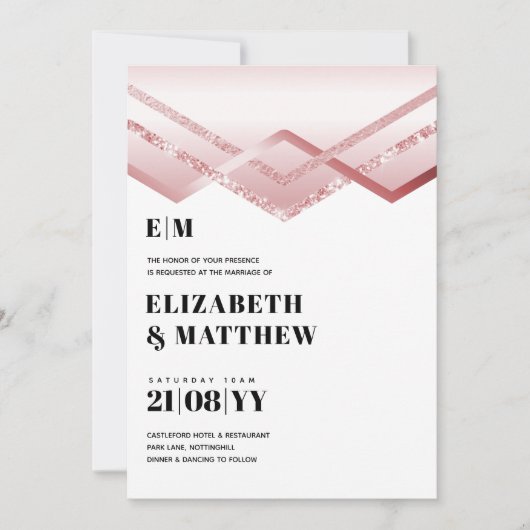 Glam Rosegold DECO Wedding Invite Modern Chic (Voorkant)