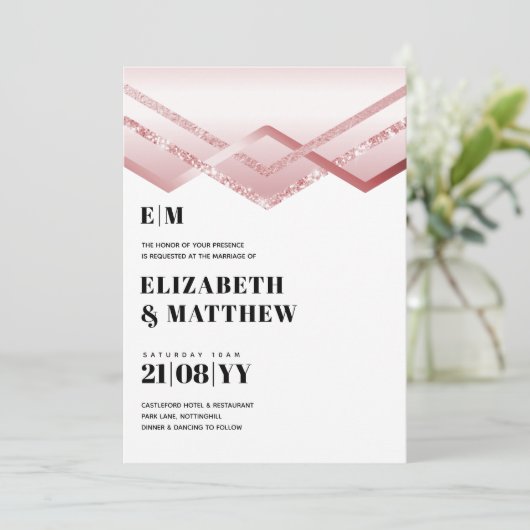Glam Rosegold DECO Wedding Invite Modern Chic (Staand voorkant)