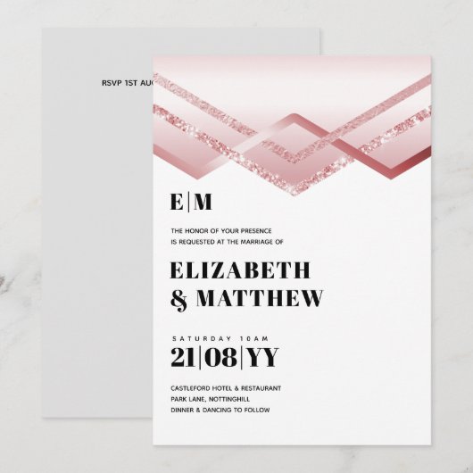 Glam Rosegold DECO Wedding Invite Modern Chic (Voorkant / Achterkant)