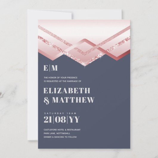 Glam Rosegold DECO Wedding Invite Modern Chic (Voorkant)