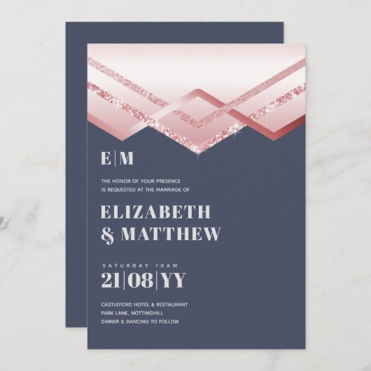 Glam Rosegold DECO Wedding Invite Modern Chic (Voorkant / Achterkant)