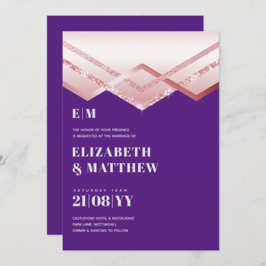 Glam Rosegold DECO Wedding Invite Modern Chic (Voorkant / Achterkant)