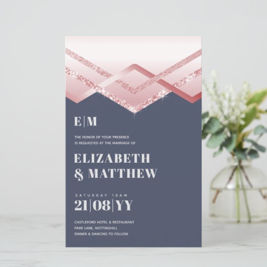Glam Rosegold DECO Wedding Invite Modern Chic (Staand voorkant)