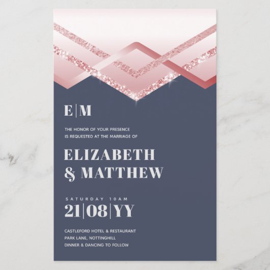 Glam Rosegold DECO Wedding Invite Modern Chic (Voorkant)