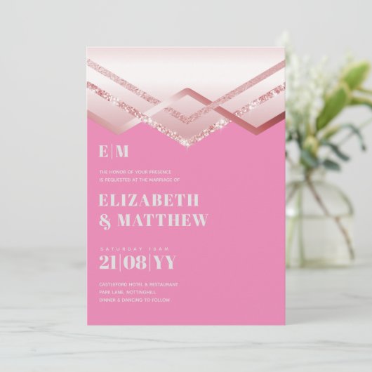 Glam Rosegold DECO Wedding Invite Modern Chic (Staand voorkant)