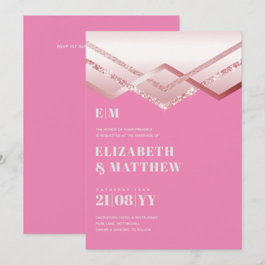 Glam Rosegold DECO Wedding Invite Modern Chic (Voorkant / Achterkant)