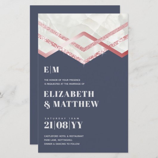 Glam Rosegold DECO Wedding Invite Modern Chic (Voorkant / Achterkant)