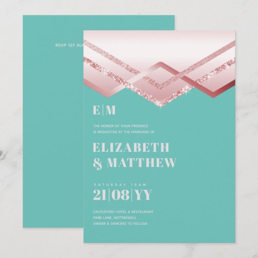 Glam Rosegold DECO Wedding Invite Modern Chic (Voorkant / Achterkant)