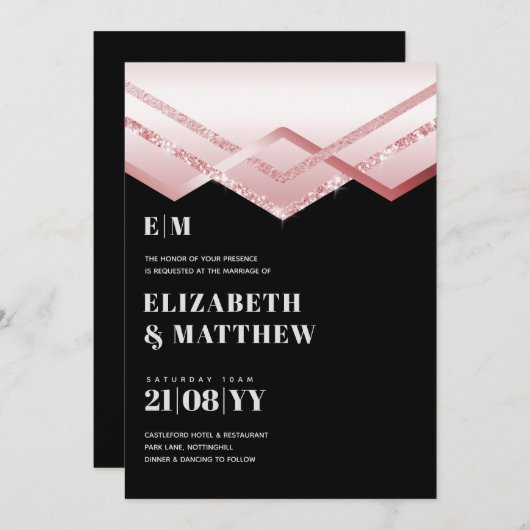 Glam Rosegold DECO Wedding Invite Modern Chic (Voorkant / Achterkant)