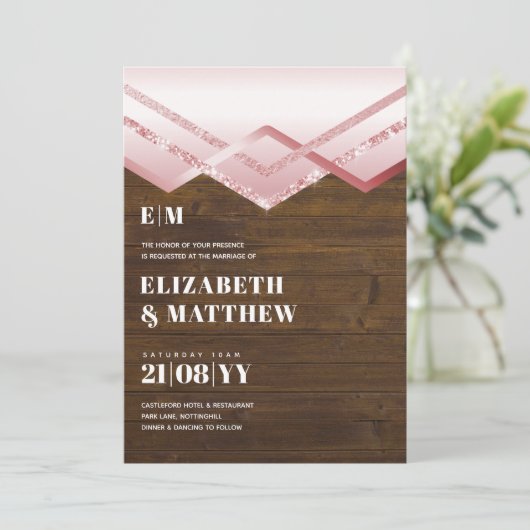 Glam Rosegold DECO Wedding Invite Modern Chic (Staand voorkant)